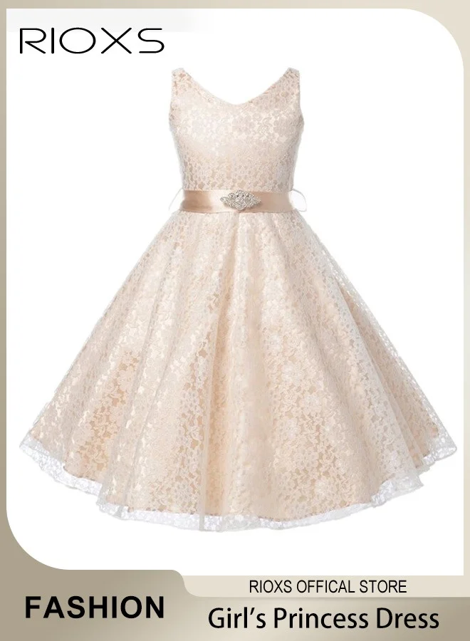 RIOXS Kids Girls Tulle Princess Dress Elegant Lace A-Line Midi Gown with Belt (Champagne, 110cm) rmem3