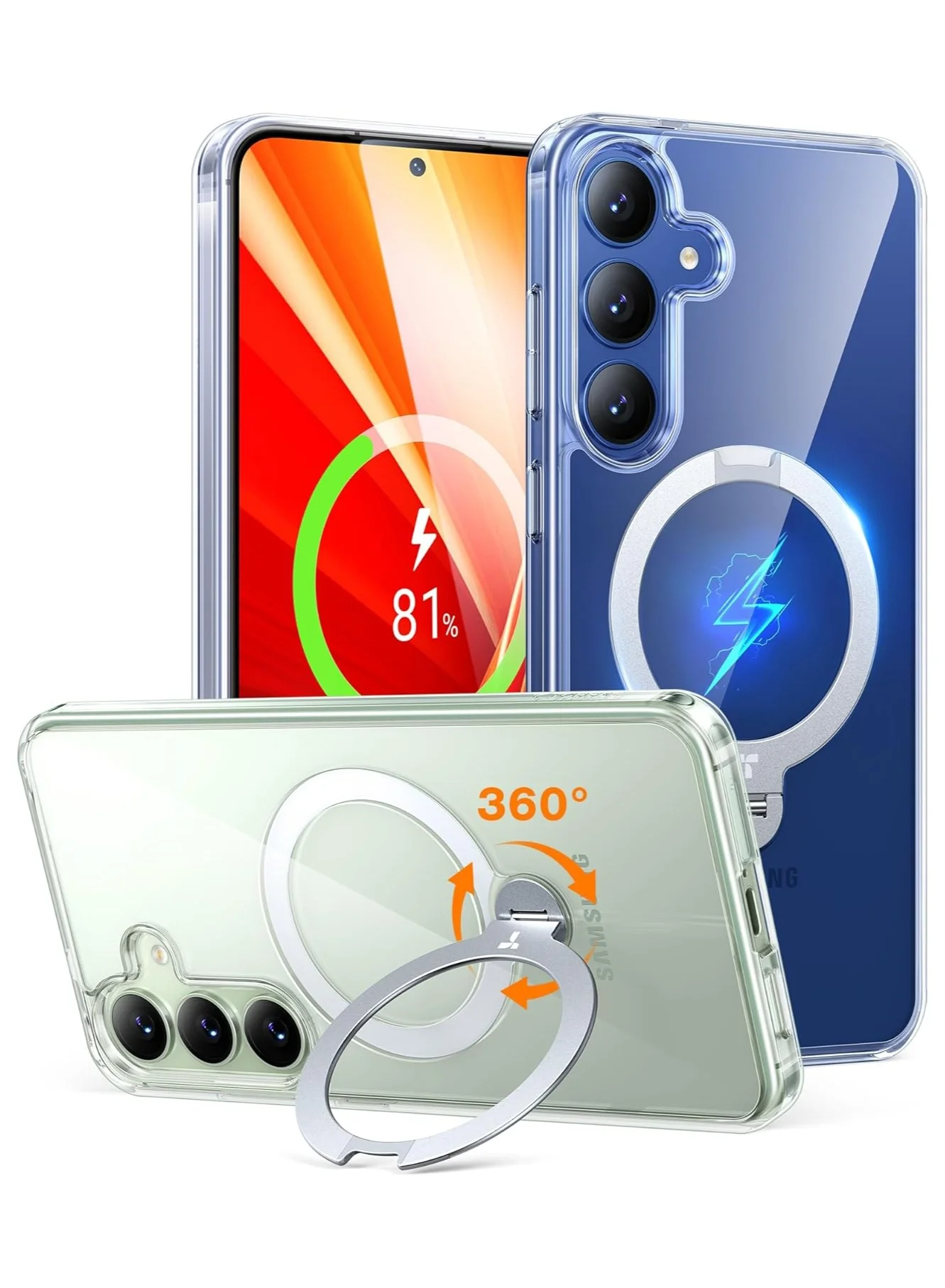Premium Magnetic Protective Case with 360¡ã Rotating Kickstand & Ring Holder for Smartphone (Clear, Slim Fit) k3m0d
