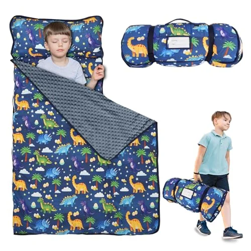 Hooyax Toddler Nap Mat with Attached Pillow and Blanket (Dinosaur Pattern, 130 cm x 55 cm) Portable Sleeping Bag for Preschool and Daycare ssexu