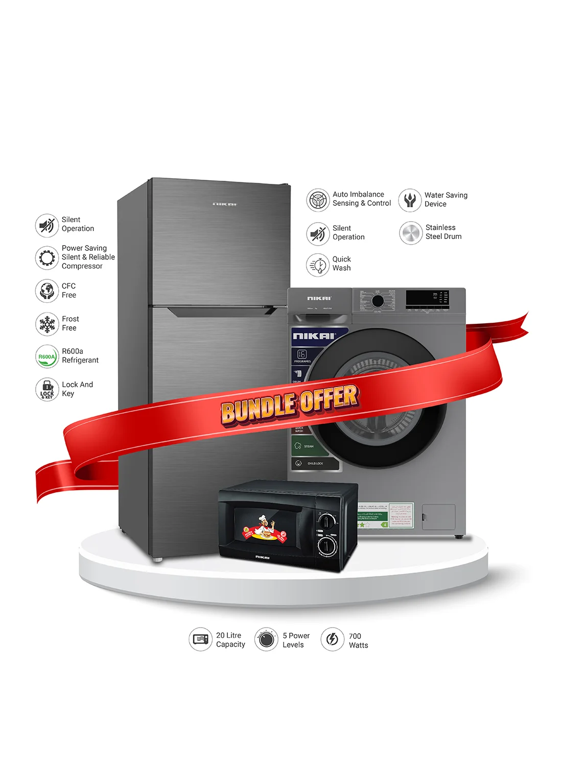 Nikai Home Appliance Bundle 410L Double Door Refrigerator 7kg Washing Machine and 20L Microwave (Silver) u9g4z