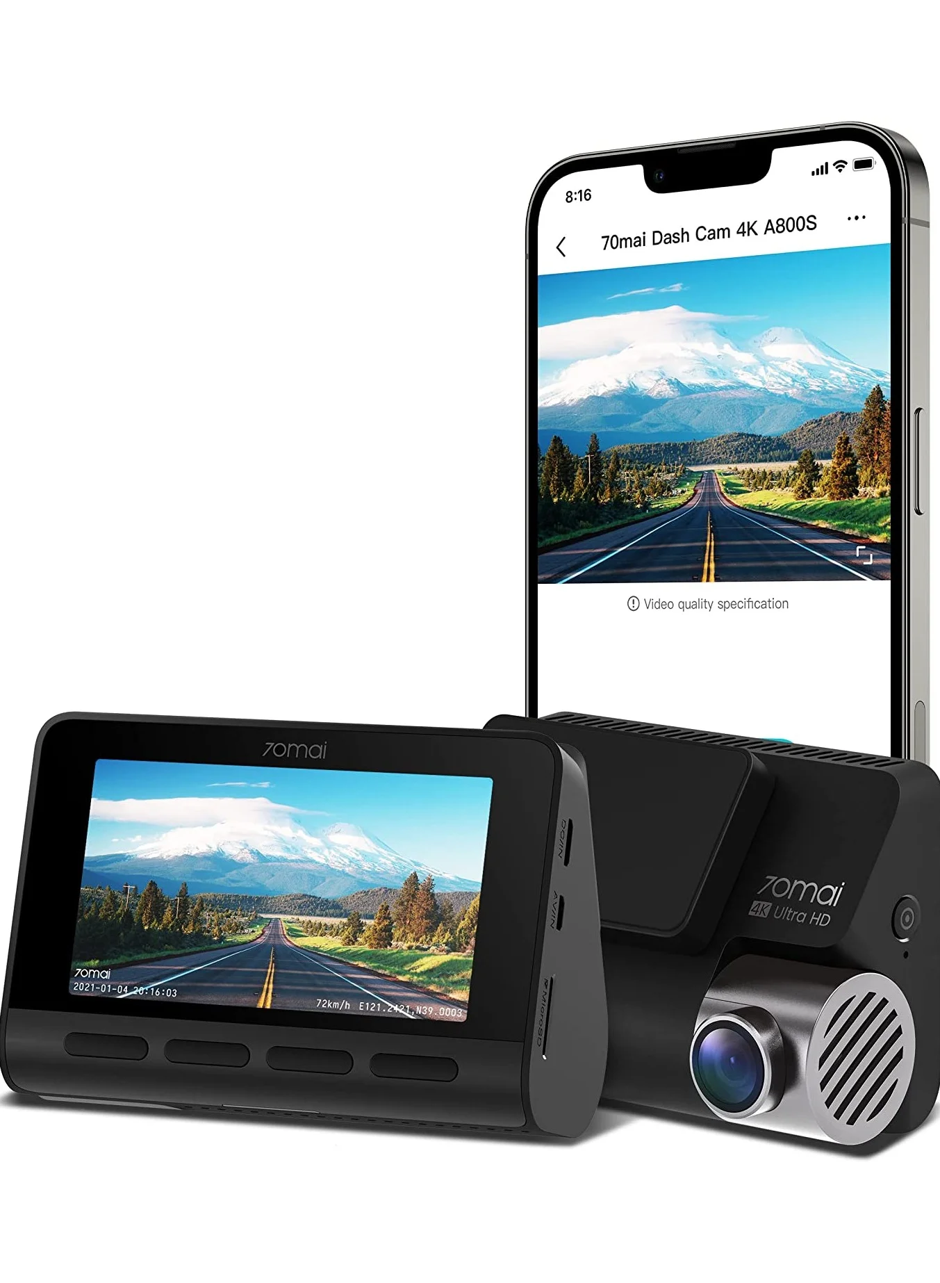 70mai Smart Dash Cam A800 4K Ultra HD Video Recorder with Built-in GPS ADAS and WiFi (3-inch IPS Screen) hlllb