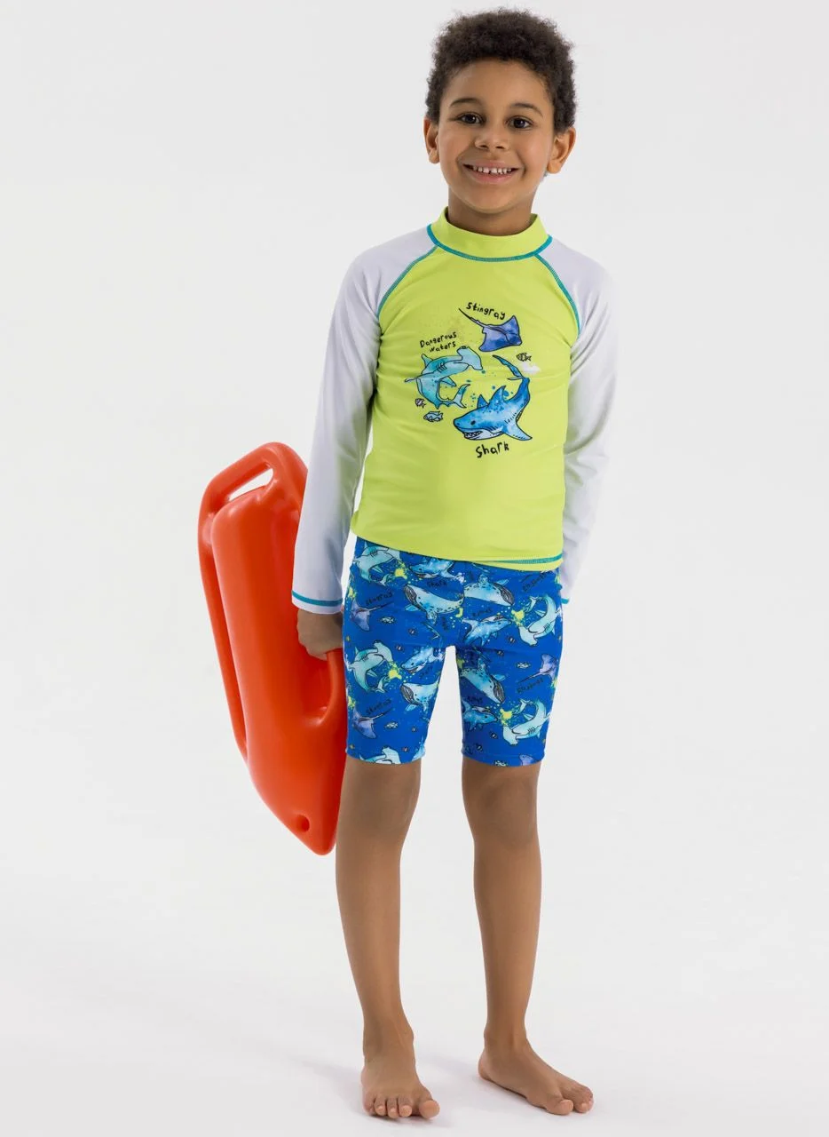 MINOTI Boys Swim Set Rash Guard Top with Zip Back (Green, Kids) 9qxwr