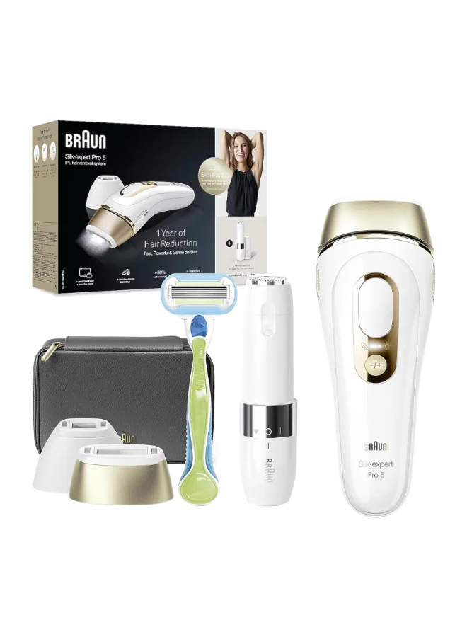 Premium IPL Hair Removal Device with Precision Attachments and Travel Pouch (White/Gold, 1 Set) hm14f