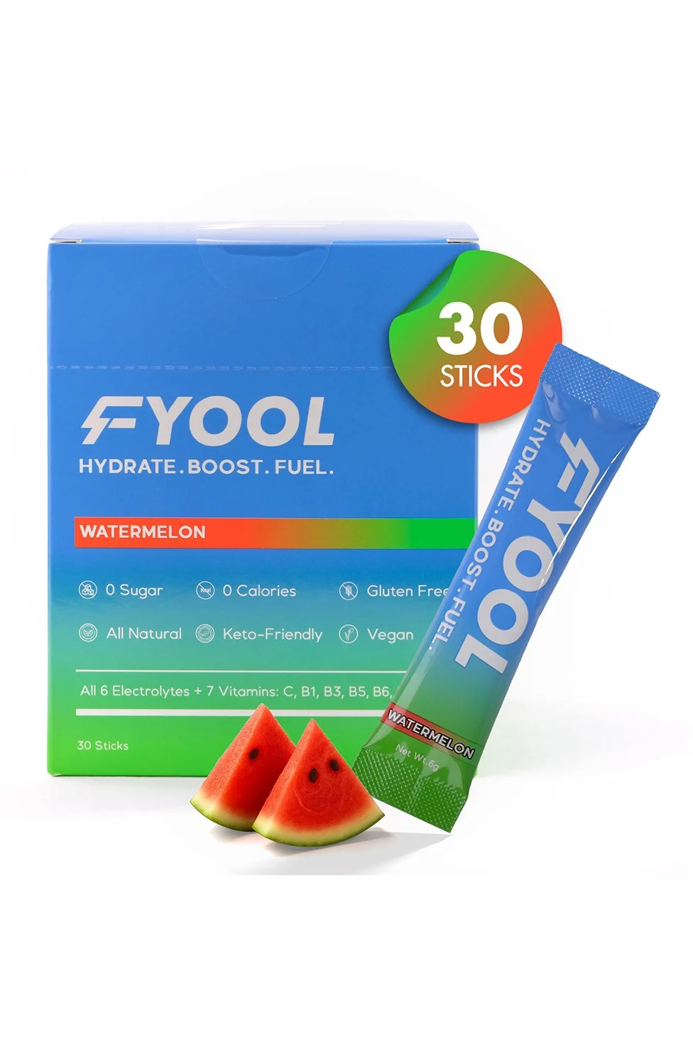 Fyool Hydration Electrolyte Powder with Vitamins and Minerals (Watermelon, 30 Stick Packs) eblep