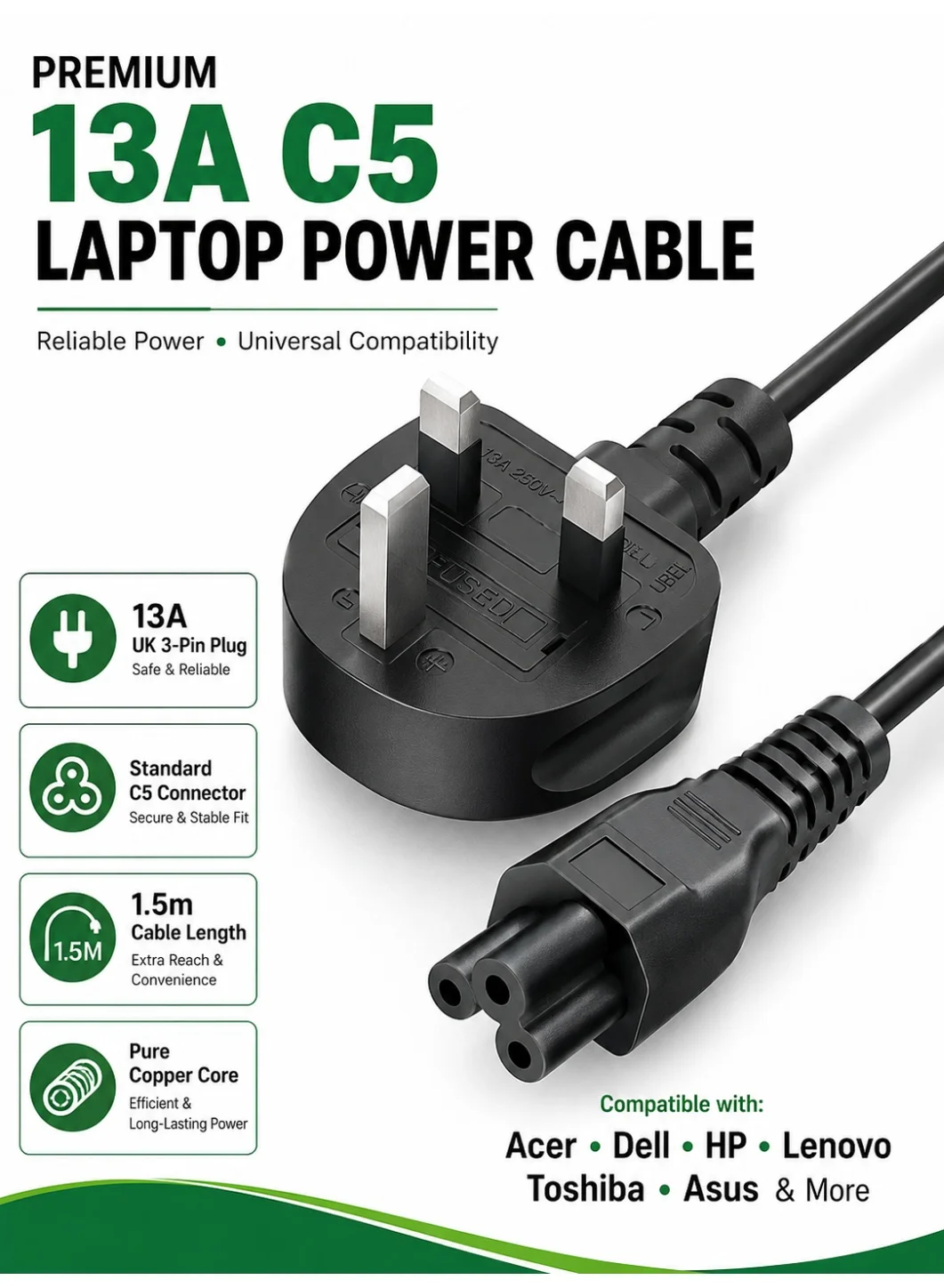 Eworld Premium C5 Laptop Power Cable 3-Pin UK Plug Replacement Cord (Black, 1.5 Meter) tbj1f