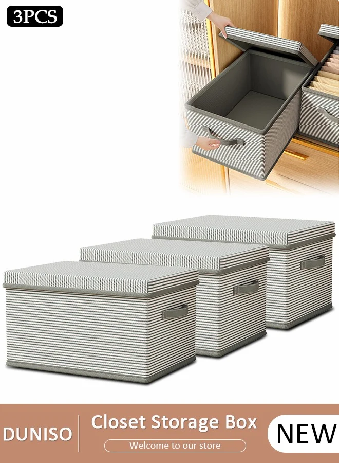 DUNISO Closet Storage Box with Lid and Handle, Stackable Wardrobe Clothes Organizer, Foldable Fabric Basket for Clothing and Home Organization (3 Pack, 18L) at1fu