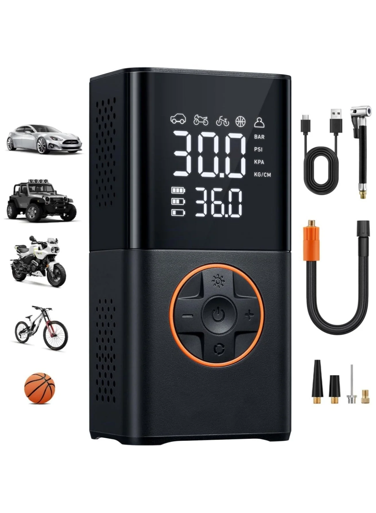 BS Portable Cordless Digital Tire Inflator with LED Light and 4 Nozzles (150 PSI) fv1bg
