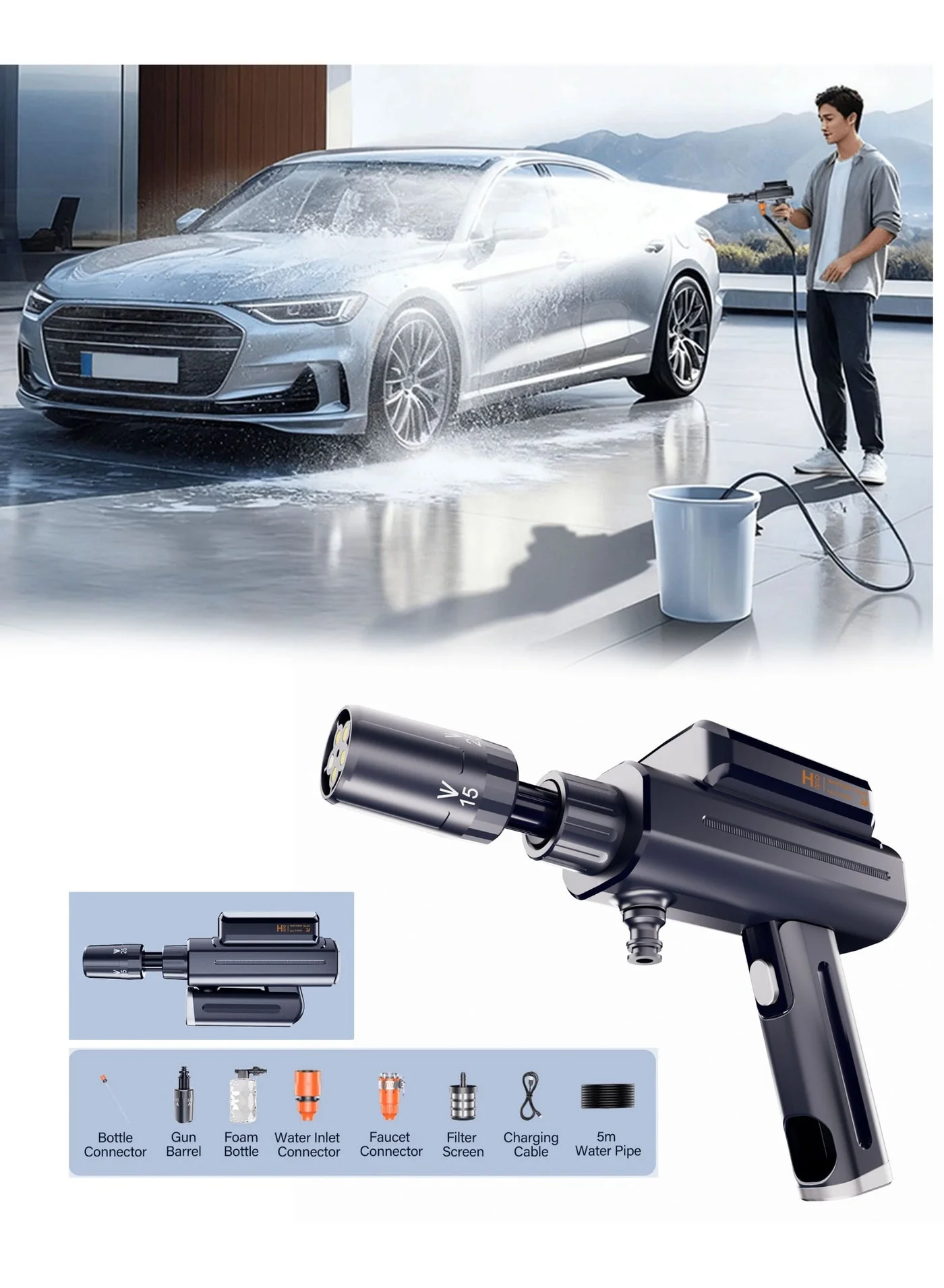 BlueFire Portable Cordless Pressure Washer 300 PSI High-Pressure Jet Spray Gun with 5-in-1 Multi-Function Nozzle and 5M Hose (4000mAh, Black) o5bpi