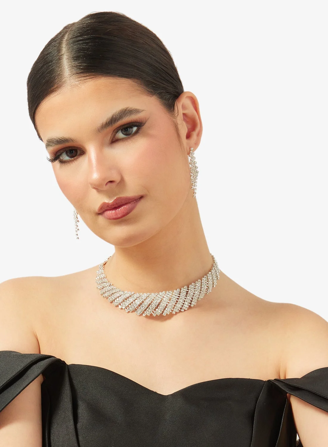 Khizana Silver Diamonte Rhinestone Drop Down Jewelry Set (Necklace and Earrings Set, Elegant Evening Wear) 1rmzq