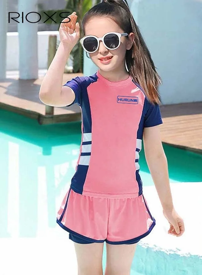 RIOXS Girls Two-Piece Rashguard Swim Set Short Sleeve Top And Shorts Sun Protection Swimwear (Kids) 0xua9