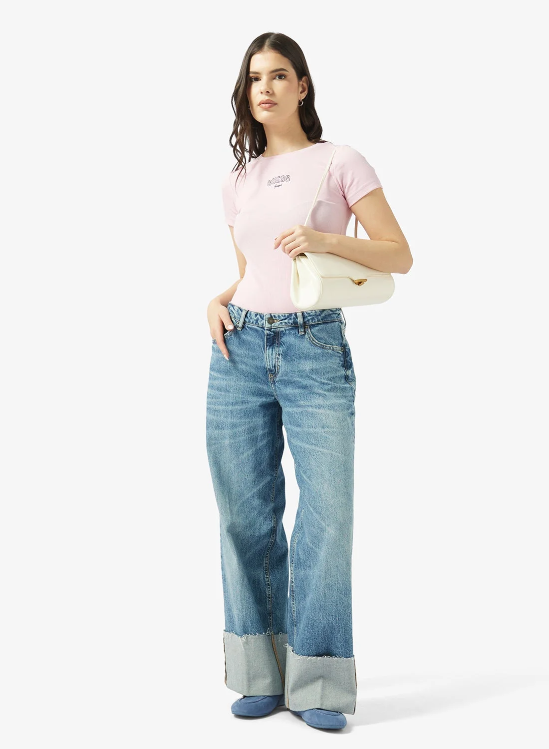 Premium High Waist Wide Leg Cuffed Jeans for Women (Blue, Medium) z7d5b