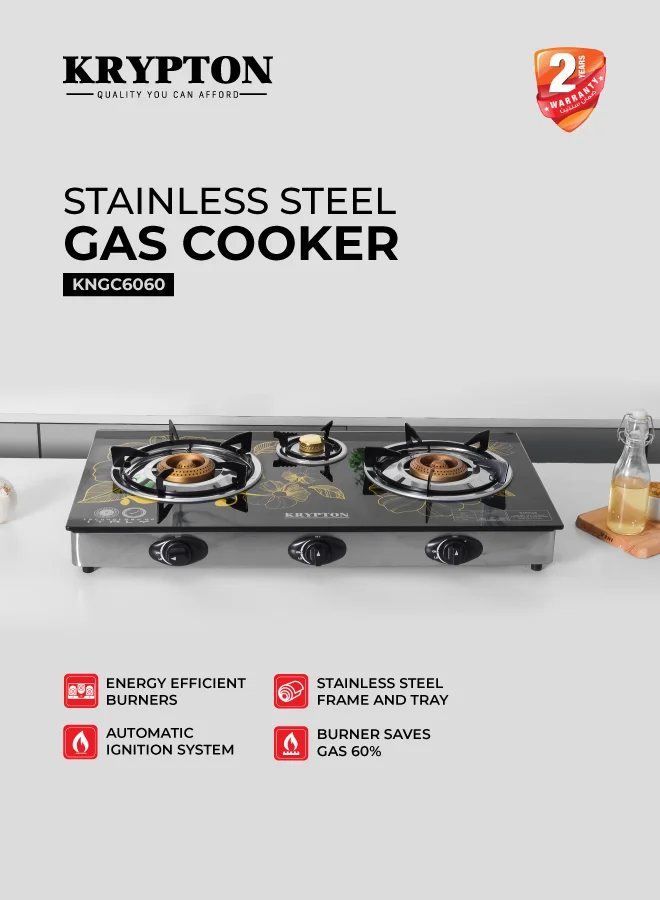 KRYPTON Triple Burner Gas Stove with 7mm Tempered Glass Top and Cast Iron Burners (Black/Silver, 3-Burner) tj3co
