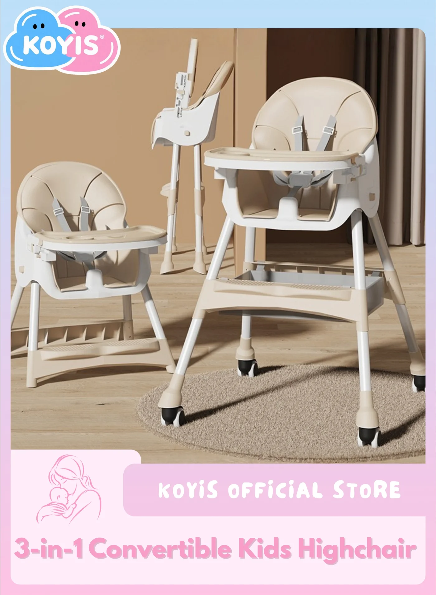 KOYIS 3-in-1 Convertible Kids High Chair, Adjustable Feeding Booster Seat with Tray & Safety Belt (Beige, 1 Unit) 9et8p
