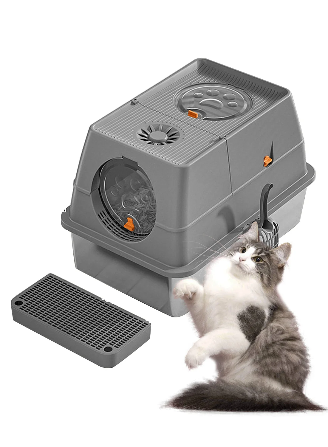 Kidle Stainless Steel Cat Litter Box with Lid and Scoop Extra Large High-Sided Metal Pet Toilet (60 cm x 40 cm x 20 cm) 8zngd
