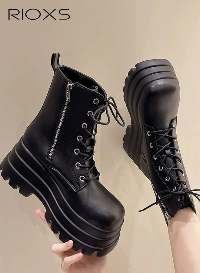 RIOXS Women's Platform Combat Boots, Chunky Heel Ankle Booties with Side Zipper (Black, 9cm Heel) c9pul