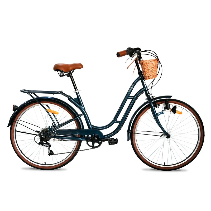 MOGOO Vintage City Bike for Women and Girls, Durable Steel Step-Through Frame with Wicker Basket and 6-Speed Drivetrain (Royal Blue, 24-Inch) 4wa83