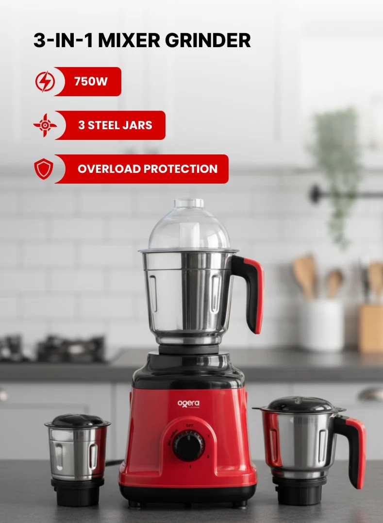 Ogera Indian Mixer Grinder 750W with 3 Stainless Steel Jars (Red, 750W) ztosw