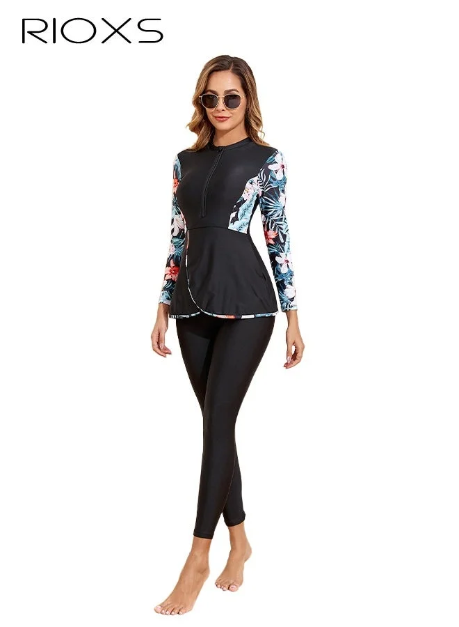 RIOXS Modest Muslim Swimwear Set for Women, Full Coverage Long-Sleeve Rash Guard with Swim Skirt and UV Protection Leggings (Floral Print, Medium) vhde9