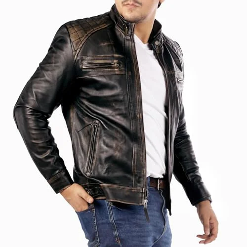 Premium Lambskin Leather Motorcycle Jacket for Men Diamond Quilted Cafe Racer Style Casual Outerwear 1rnu0