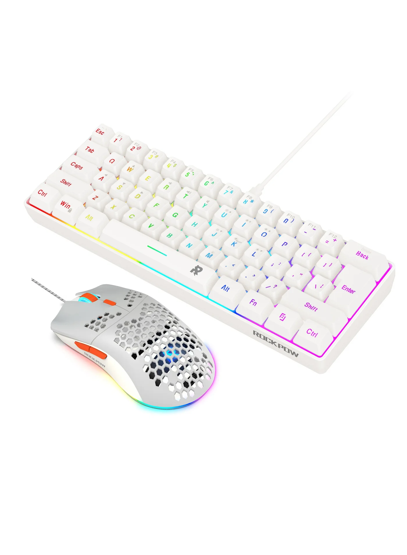 Rock Pow 60% Wired Gaming Keyboard and Mouse Combo RGB Backlit Ultra-Compact Mechanical Feel Keyboard with 8000DPI Ergonomic Mouse (61 Keys) vtg0d