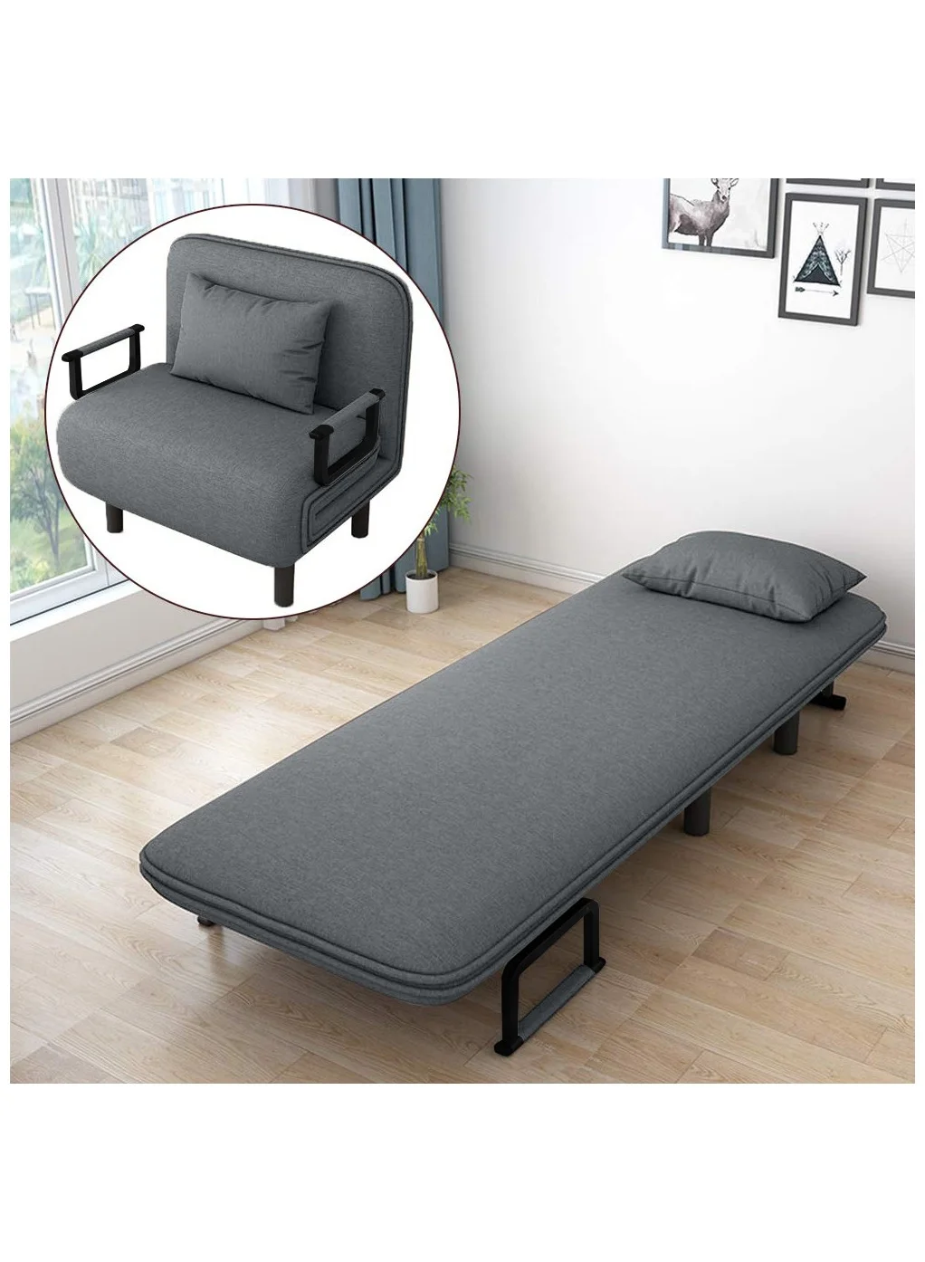 Organized Home 3-in-1 Convertible Sleeper Chair Recliner Sofa Bed with Adjustable Backrest (Gray, 80cm Width) o5w13