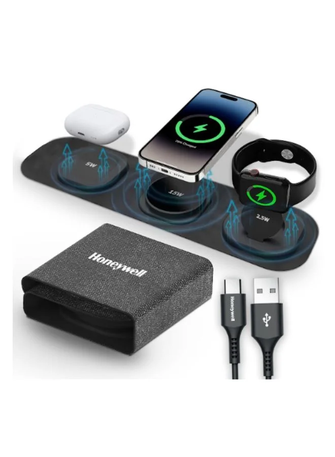 Zest Wireless 3-in-1 Foldable Charging Station 15W Fast Charger for Smartphones Smartwatches and Earbuds (Black) zc4ti