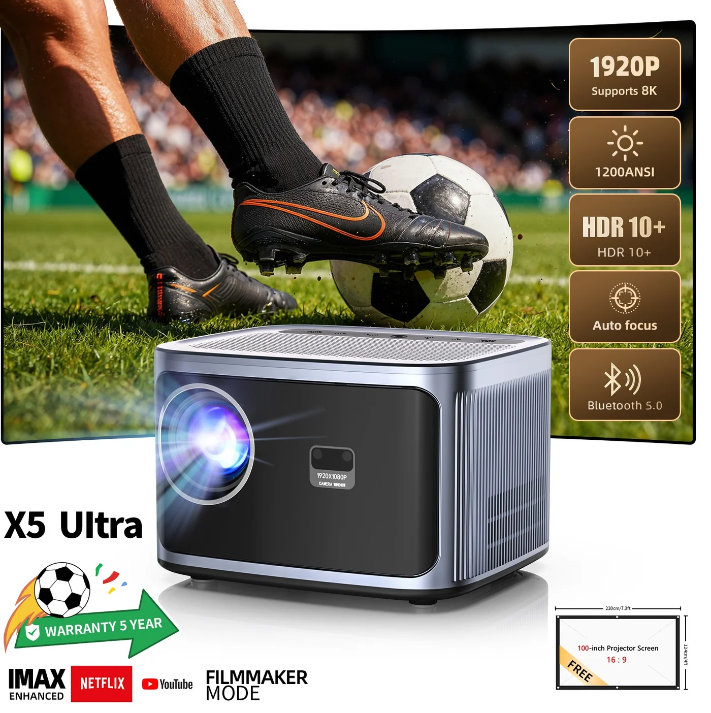 FINTEX X5 Ultra Portable Projector 1080P HD 1200ANSI Lumens 300-inch Display with Auto Focus and Keystone for Home Theater and Outdoor Entertainment hzpim