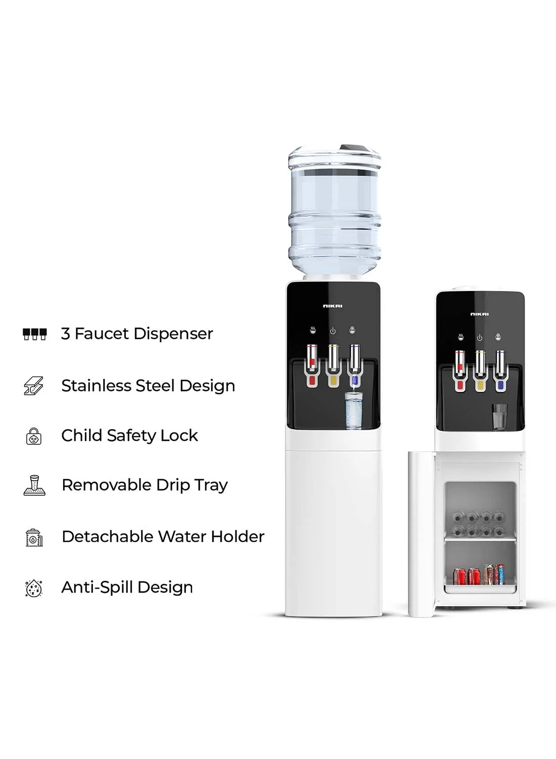 NIKAI Top Loading Water Dispenser with 3 Taps and 16L Cabinet (White) vksh2