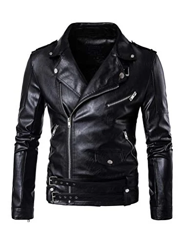 Premium Mens Faux Leather Motorcycle Jacket Belted Biker Coat (Black, M) 1ujqh