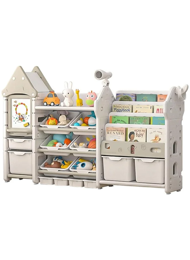 Beauenty Multipurpose Children Bookshelf with 4-Tier Shelves and 10 Removable Plastic Bins (Toddler Toy Organizer for Playroom and Nursery) 9psn3