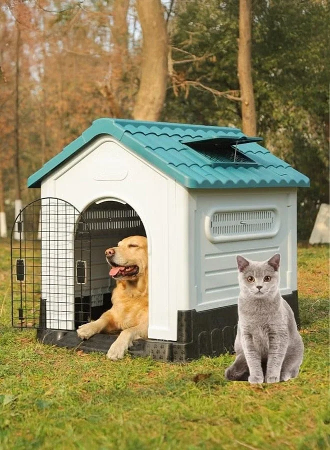 WALALLA Outdoor Plastic Dog House with Iron Gate and Adjustable Skylight (Water Resistant, Elevated Base, 68x57x66cm) aj1oo