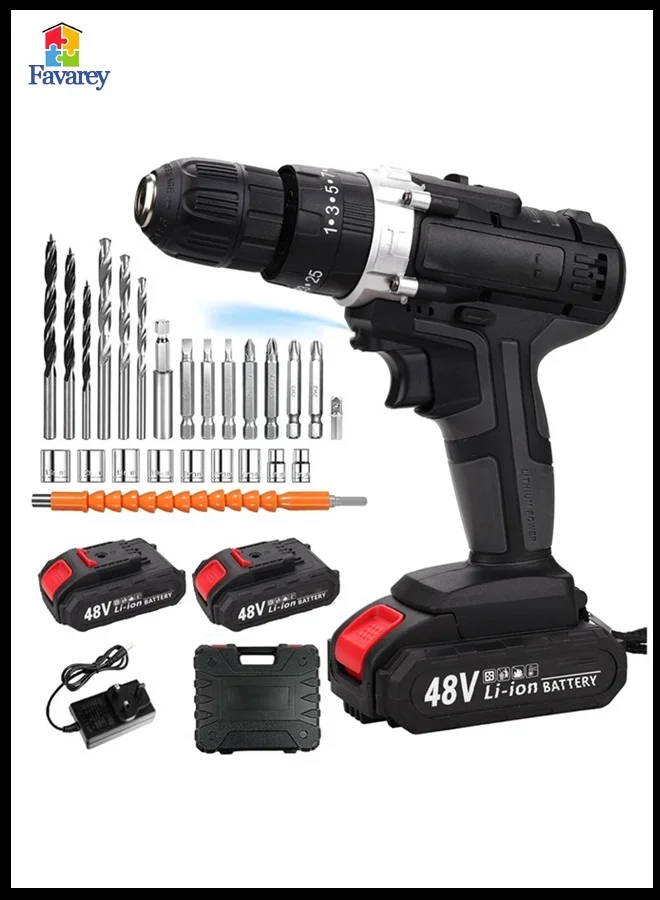 Favarey Cordless Drill Set 48V Power Drill Kit with 2 Batteries and 24 Pcs Accessories (25+3 Position, 10mm Keyless Chuck) lwcw9