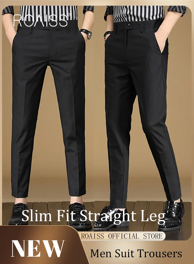 Roaiss Men Straight Leg Slim Fit Trousers Premium Mid-Rise Suit Pants for Business Casual (Black, 32) vp9iy