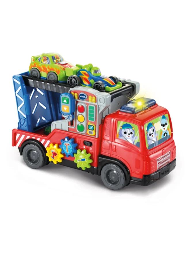 Musical Car Carrier Truck Toy with Repair Center and 2 Race Cars (3-in-1, Toddler Educational Play Set) s5xet