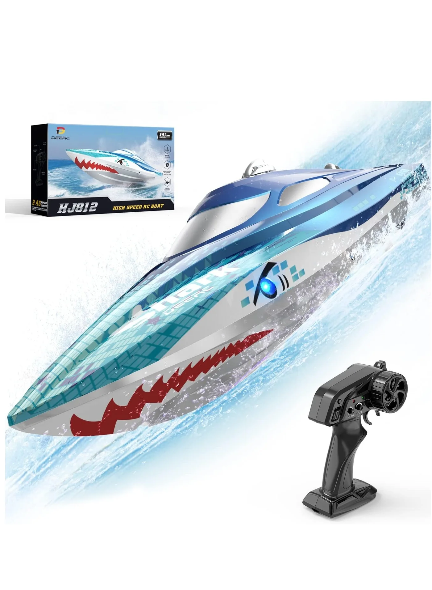 Remote Control Racing Boat with LED Lights and Shark Graffiti (High-Speed 2.4GHz RC Watercraft for Lakes and Pools) l4m4w
