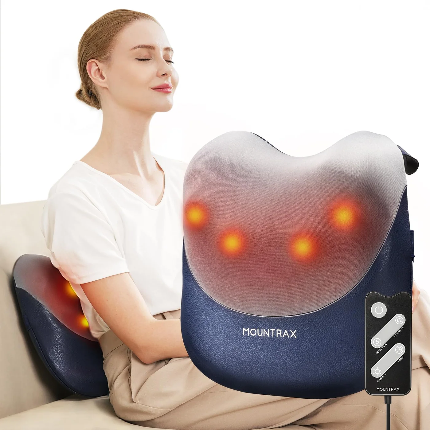 MOUNTRAX Shiatsu Back Massager with Heat Deep Tissue 3D Kneading Pillow for Neck Shoulders and Full Body Relaxation (Premium Portable Design) xpgfd