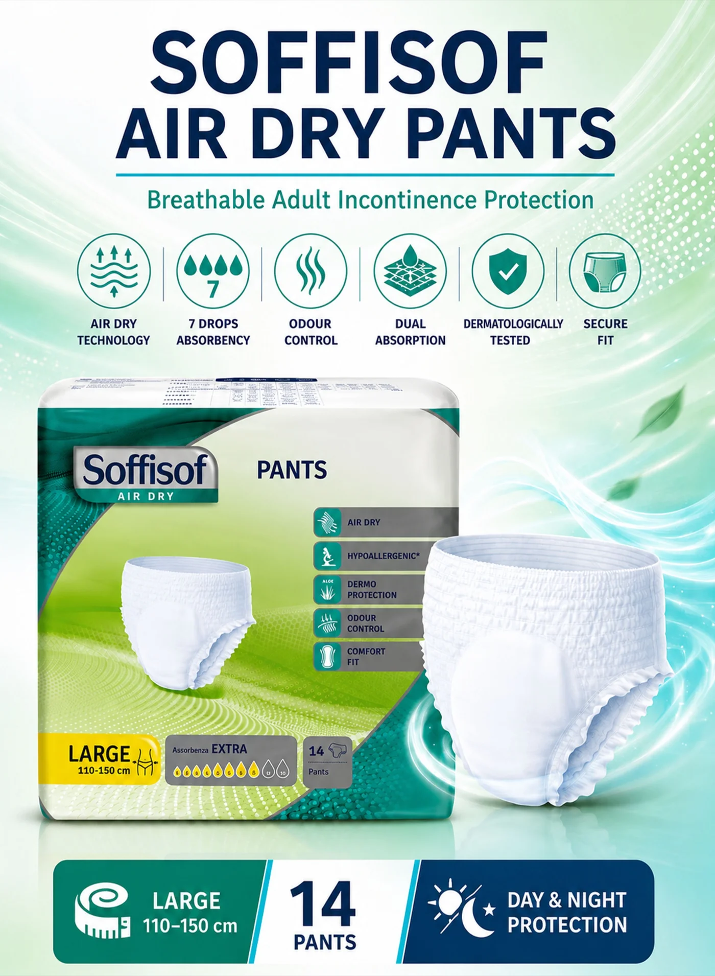 Soffisof Air Dry Adult Pull Up Diapers Premium Breathable Incontinence Underwear for Men & Women (Large, 14 Pants, 110-150cm) pr37j