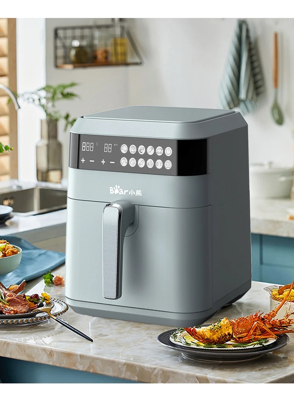 Bear Multifunction Digital Air Fryer Oven 1700W (Grey, 6.5L) Premium Non-stick Oil-Free Cooker with LED Touch Display fvy76