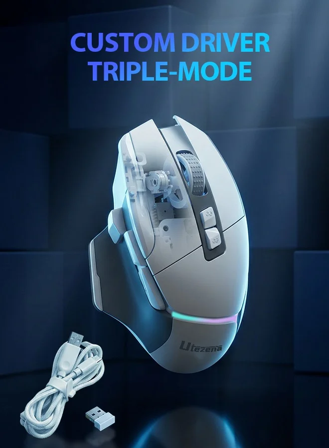 Utezena High Performance Gaming Mouse, Triple Mode Wireless Optical Mouse with 10 Programmable Buttons, RGB Lighting, 24000 DPI, Ergonomic Design for PC and Mac (500mAh) nmhas