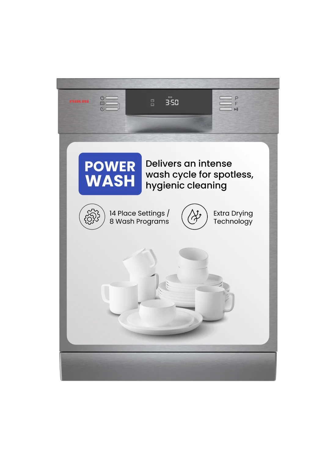 Nikai 14-Place Setting Freestanding Dishwasher with LED Display and 8 Wash Programs (Silver, 1800 W) 3po2v