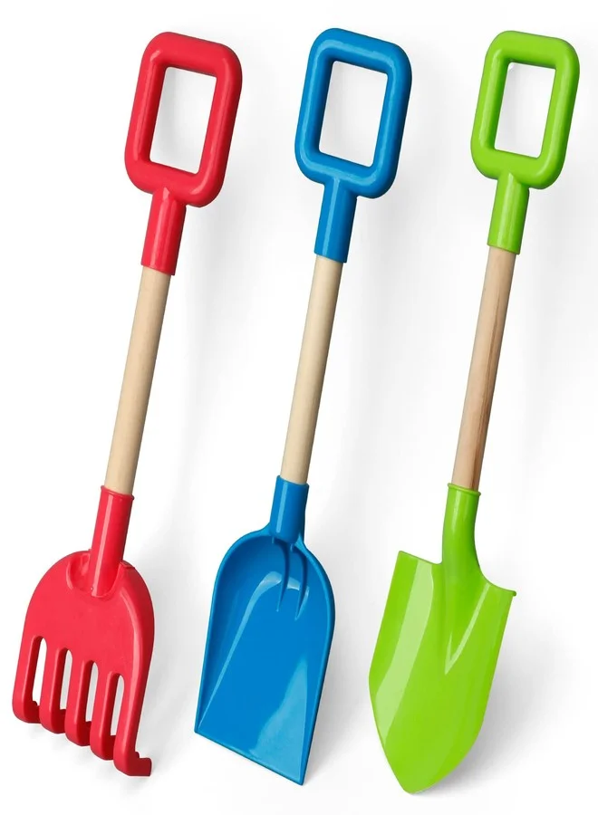 Premium Kids Beach Sand Shovel Set (16-inch, 3-Pack) Durable ABS Plastic with Wood Handles for Gardening and Outdoor Play 3vura