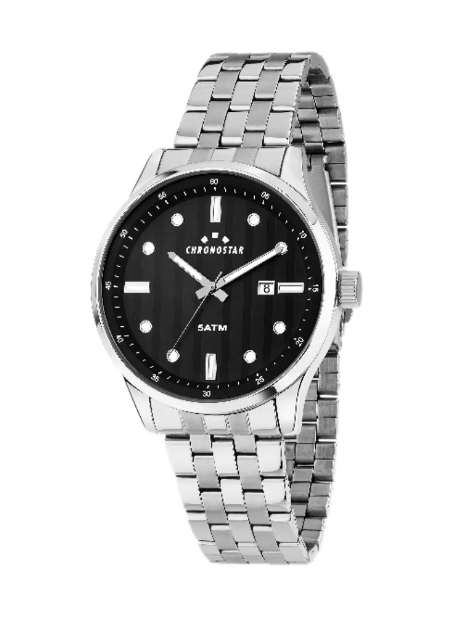 Chronostar Men's Analog Quartz Watch with Silver Stainless Steel Band (Black Dial, 43.5mm) w5lpx