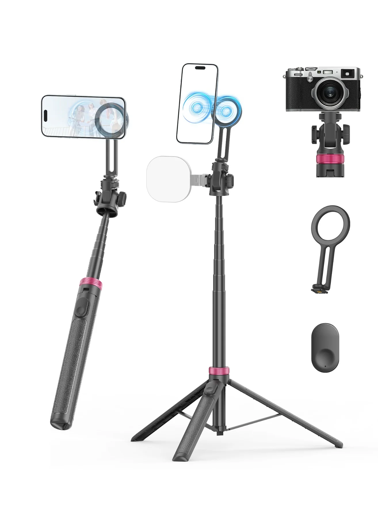 TONEOF Magnetic Phone Tripod Stand 175cm Adjustable Height with Remote Control and Cold Shoe Mount for Smartphone and Camera (Black, 175cm) lsw0x