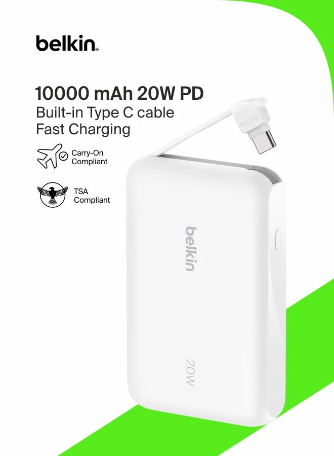 Premium Portable Power Bank 10000mAh with Integrated Cable PD 20W Fast Charging USB-C (White) momh9