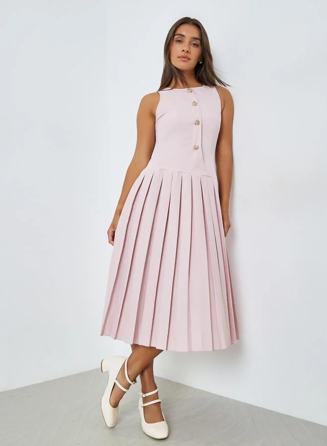 Styli Pleated A-Line Midi Dress Elegant Flowy Silhouette for Women (Pink, Medium) jpckx