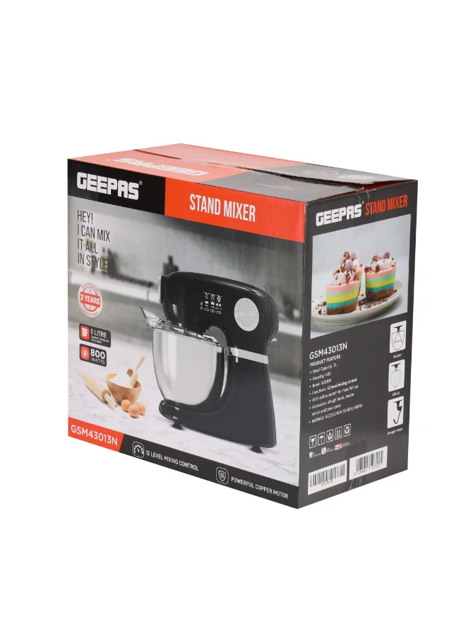 GEEPAS 3-in-1 Stand Mixer with 800W Copper Motor and 5L Stainless Steel Bowl (Black, 5L) w4muh