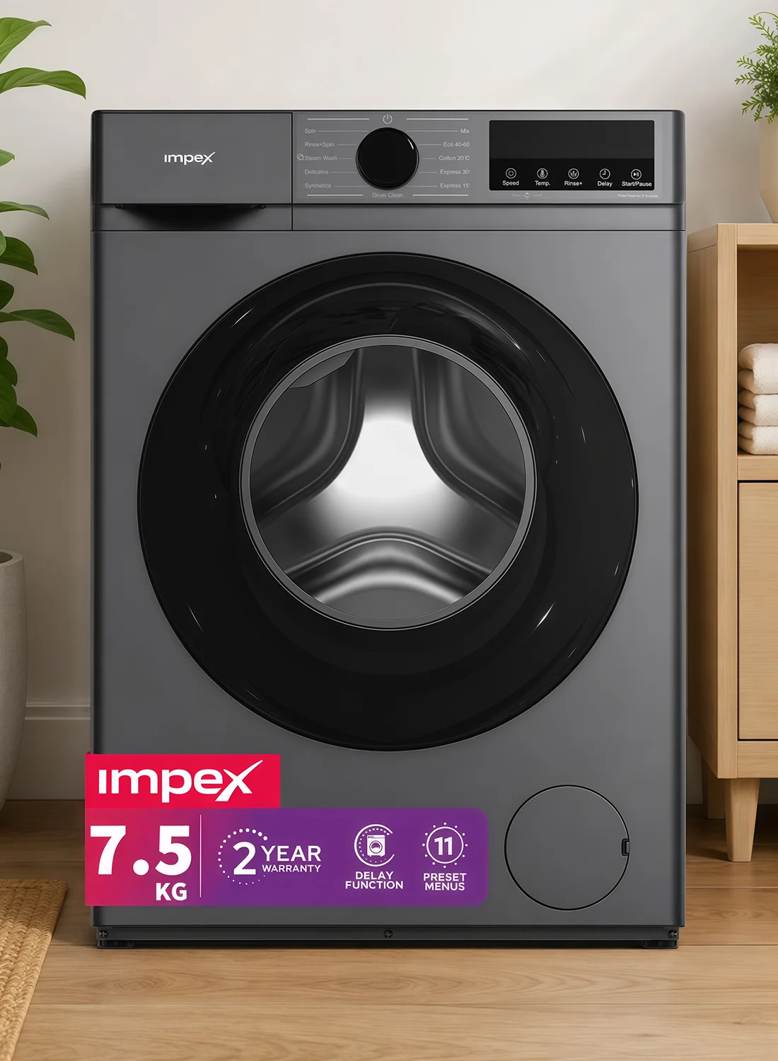 Impex 7.5 kg Front Load Automatic Washing Machine with BLDC Inverter Motor and 1200 RPM (Grey, 7.5 kg) rhw6p