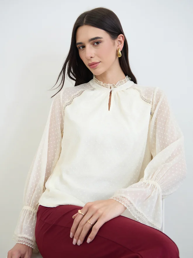 Styli Lace Trim Dobby Blouse Premium Elegant Long Sleeve Top for Women (White) i8zle
