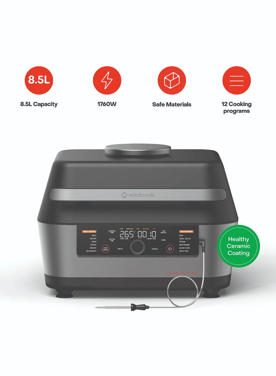 Nutricook 3-in-1 Smart Grill Multicooker and Air Fryer with Ceramic Coating (Space Grey, 8.5 L) 6zmq3