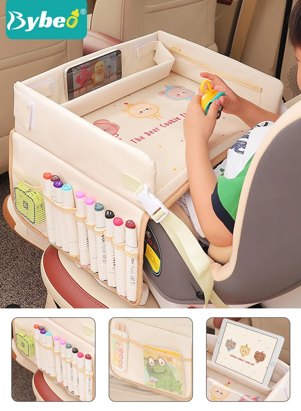 Bybeo Kids Travel Tray for Car Seat Table with Mesh Pockets (Foldable, Waterproof, 40 cm x 30 cm) s15o9